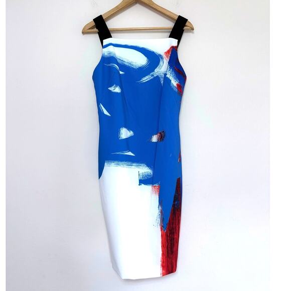 MILLY blue white orange abstract Lou Lou sleeveless knee length sheath dress - Picture 2 of 11